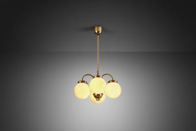 Curved Ceiling Lamp with Four Opal Glass Shades Europe 1940s