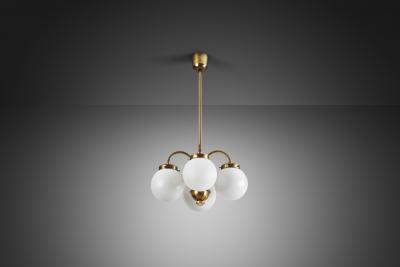 Curved Ceiling Lamp with Four Opal Glass Shades Europe 1940s