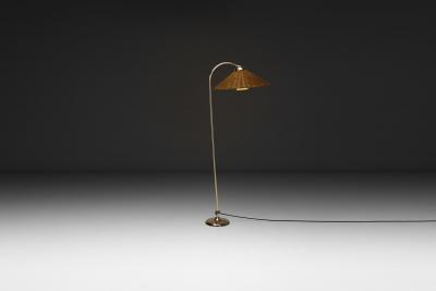 Curved Floor Lamp with Brass Stem and Rattan Shade Europe Mid 20th Century