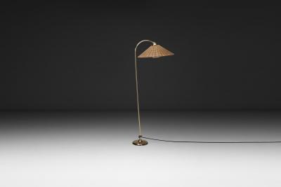 Curved Floor Lamp with Brass Stem and Rattan Shade Europe Mid 20th Century