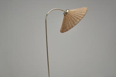 Curved Floor Lamp with Brass Stem and Rattan Shade Europe Mid 20th Century
