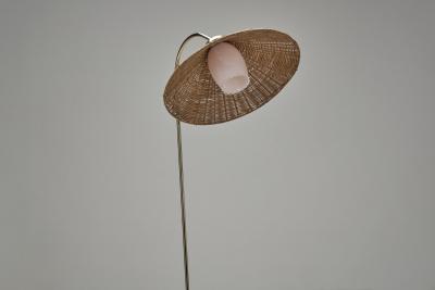 Curved Floor Lamp with Brass Stem and Rattan Shade Europe Mid 20th Century