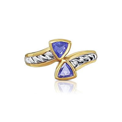 Curved Triangle Cut Tanzanite Ring in 14k Yellow and White Gold