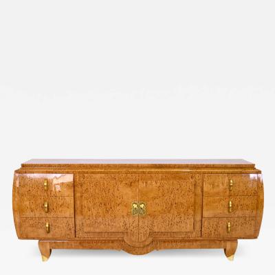 Curved hand polished Art Deco Sideboard in Birch Burl Wood with Brass Fittings