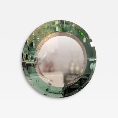 Custom 42 Round Mirror with Green Glass Border in the Manner of Karl Springer