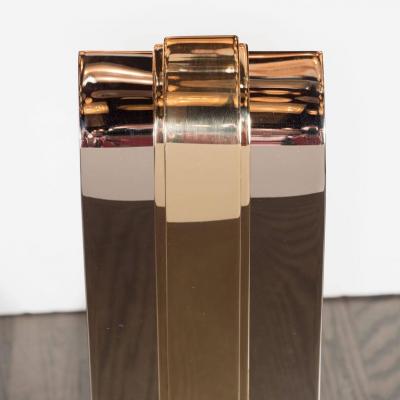 Custom Art Deco Style Skyscraper Andirons Displayed in Polished Brass and Nickel