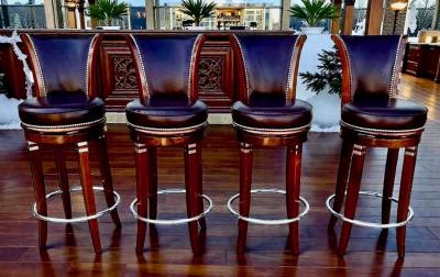 Custom Art Deco Style Swivel Bar Stools in Solid Wood and Hand Finished Leather
