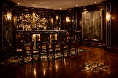 Custom Art Deco Style Swivel Bar Stools in Solid Wood and Hand Finished Leather