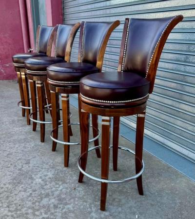 Custom Art Deco Style Swivel Bar Stools in Solid Wood and Hand Finished Leather