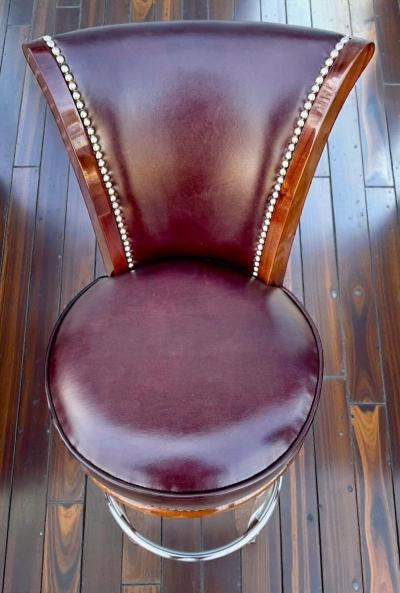 Custom Art Deco Style Swivel Bar Stools in Solid Wood and Hand Finished Leather