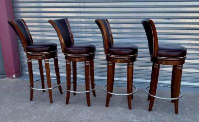 Custom Art Deco Style Swivel Bar Stools in Solid Wood and Hand Finished Leather