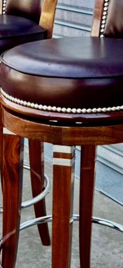 Custom Art Deco Style Swivel Bar Stools in Solid Wood and Hand Finished Leather