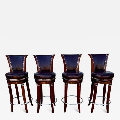 Custom Art Deco Style Swivel Bar Stools in Solid Wood and Hand Finished Leather