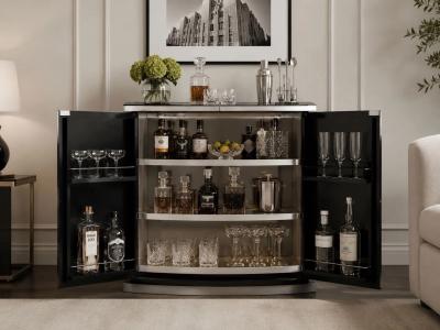 Custom Art Deco Yacht Bar in Black Lacquer and Chrome