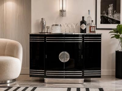 Custom Art Deco Yacht Bar in Black Lacquer and Chrome