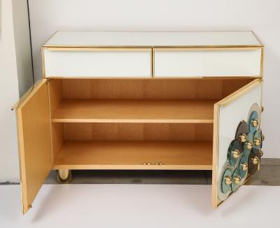 Custom Brass and Ivory Glass with Glass Discs Cabinets Italy Pair Available