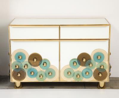 Custom Brass and Ivory Glass with Glass Discs Cabinets Italy Pair Available