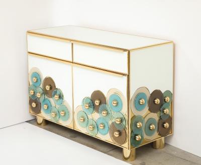 Custom Brass and Ivory Glass with Glass Discs Cabinets Italy Pair Available