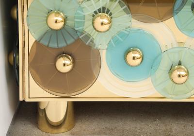 Custom Brass and Ivory Glass with Glass Discs Cabinets Italy Pair Available