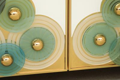 Custom Brass and Ivory Glass with Glass Discs Cabinets Italy Pair Available