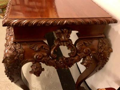 Custom Carved Console Table with Claw Feet and Carved Heads circa 1940s