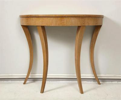 Custom Cerused Oak Bobo Demilune Console on Splayed Tapered Legs
