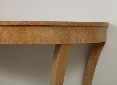 Custom Cerused Oak Bobo Demilune Console on Splayed Tapered Legs