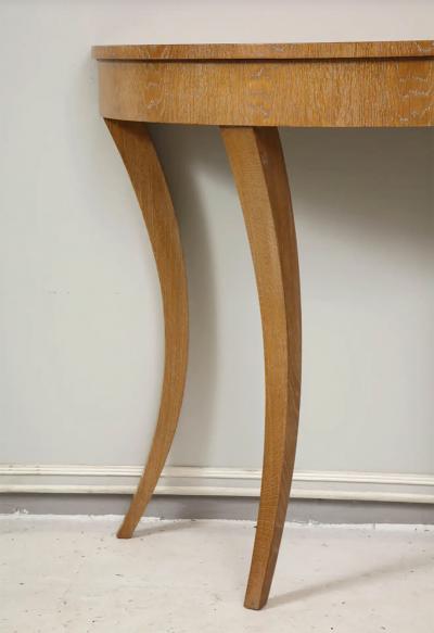 Custom Cerused Oak Bobo Demilune Console on Splayed Tapered Legs