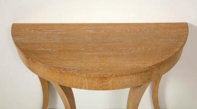 Custom Cerused Oak Bobo Demilune Console on Splayed Tapered Legs