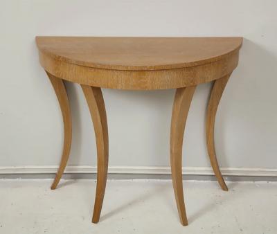 Custom Cerused Oak Bobo Demilune Console on Splayed Tapered Legs