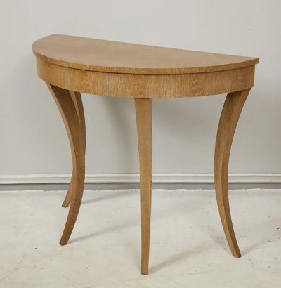 Custom Cerused Oak Bobo Demilune Console on Splayed Tapered Legs