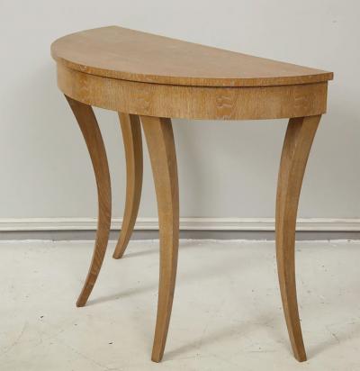Custom Cerused Oak Bobo Demilune Console on Splayed Tapered Legs