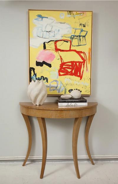 Custom Cerused Oak Bobo Demilune Console on Splayed Tapered Legs