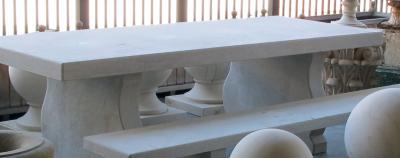 Custom French Limestone Trestle Table with Lyre form Supports