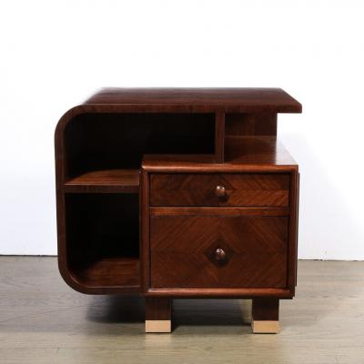 Custom High Style Art Deco Style Bookmatched Walnut Nightstands w Brass Sabots