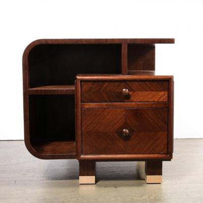 Custom High Style Art Deco Style Bookmatched Walnut Nightstands w Brass Sabots
