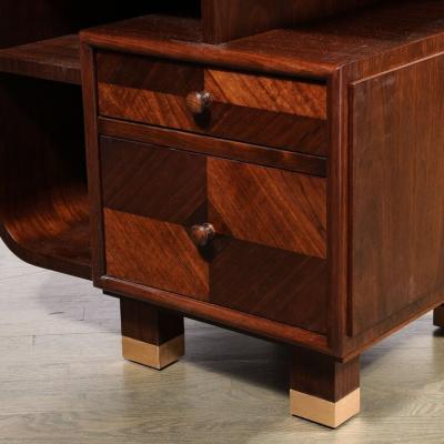 Custom High Style Art Deco Style Bookmatched Walnut Nightstands w Brass Sabots