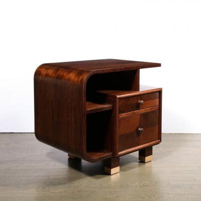Custom High Style Art Deco Style Bookmatched Walnut Nightstands w Brass Sabots