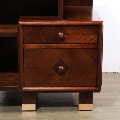 Custom High Style Art Deco Style Bookmatched Walnut Nightstands w Brass Sabots