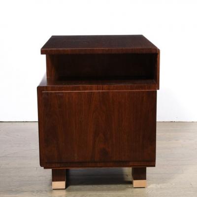 Custom High Style Art Deco Style Bookmatched Walnut Nightstands w Brass Sabots