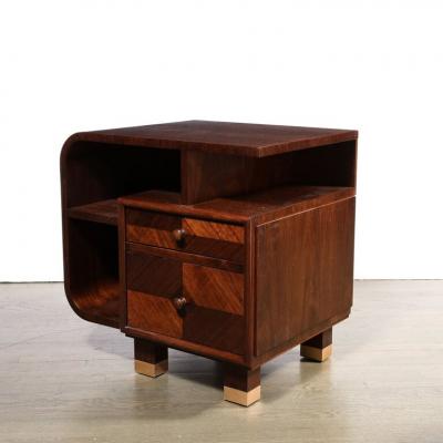 Custom High Style Art Deco Style Bookmatched Walnut Nightstands w Brass Sabots