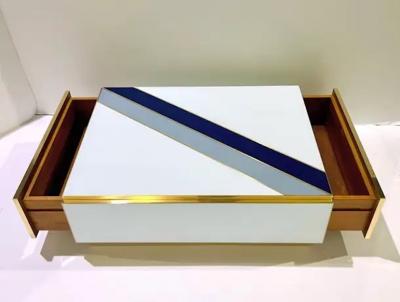 Custom Italian Art Design 2 Drawer Grey Blue Stripe White Glass Low Coffee Table