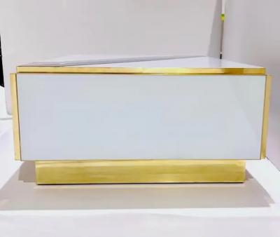 Custom Italian Art Design 2 Drawer Grey Blue Stripe White Glass Low Coffee Table