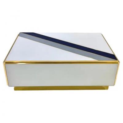Custom Italian Art Design 2 Drawer Grey Blue Stripe White Glass Low Coffee Table