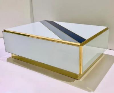 Custom Italian Art Design 2 Drawer Grey Blue Stripe White Glass Low Coffee Table