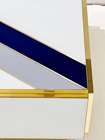 Custom Italian Art Design 2 Drawer Grey Blue Stripe White Glass Low Coffee Table