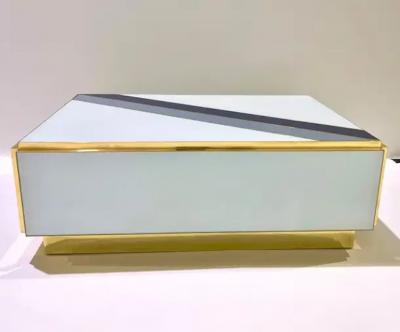 Custom Italian Art Design 2 Drawer Grey Blue Stripe White Glass Low Coffee Table