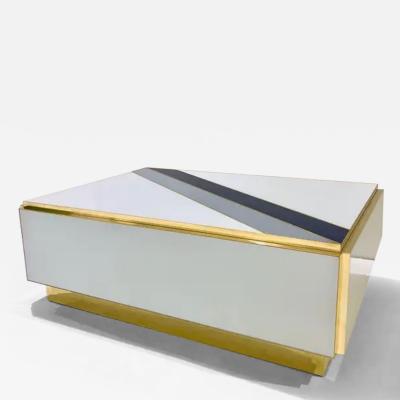 Custom Italian Art Design 2 Drawer Grey Blue Stripe White Glass Low Coffee Table