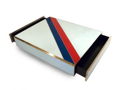 Custom Italian Art Design 2 Drawer Red Blue Stripe White Glass Low Coffee Table