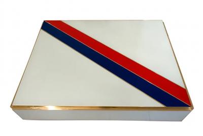 Custom Italian Art Design 2 Drawer Red Blue Stripe White Glass Low Coffee Table